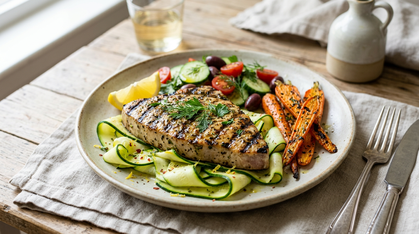 Greek-Spiced Grilled Swordfish with Zucchini Ribbons