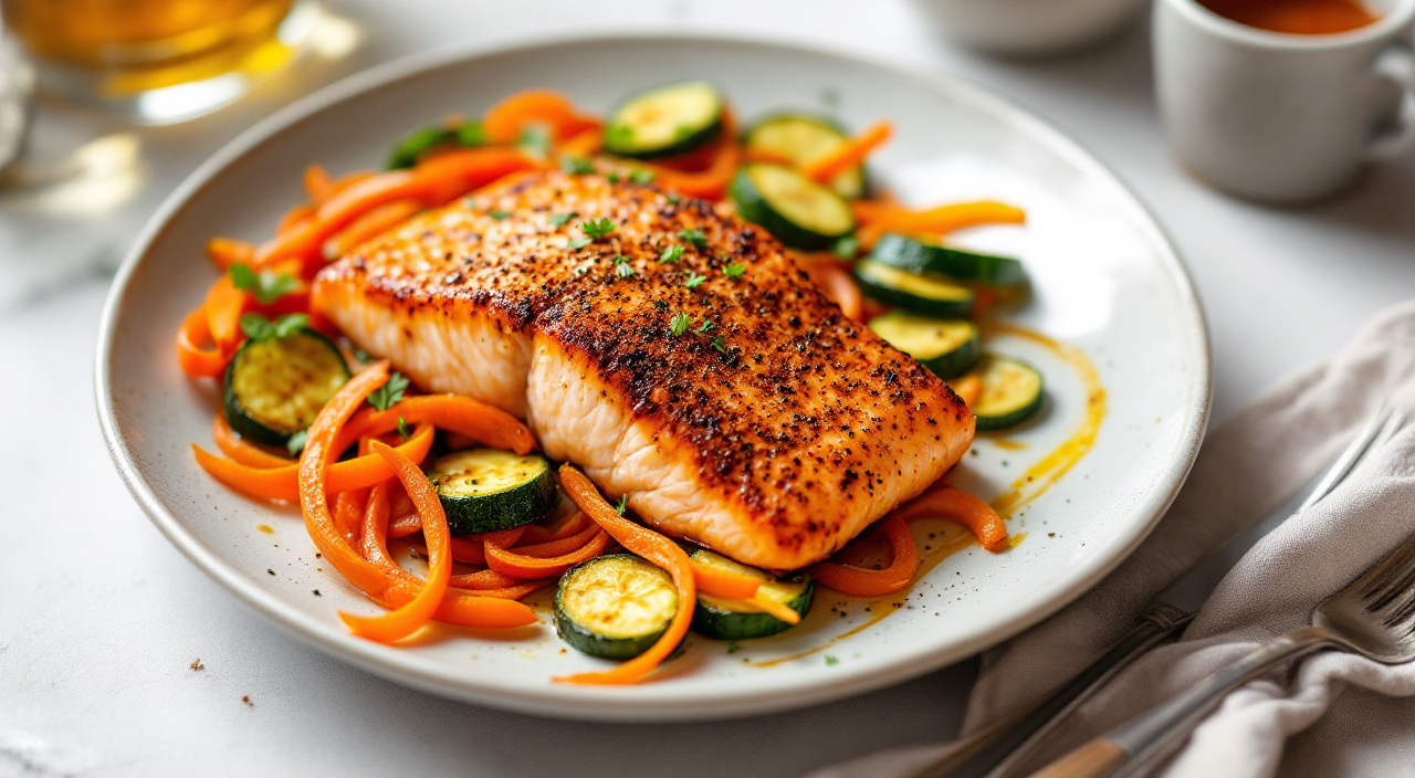 Paprika-Crusted Salmon with Roasted Zucchini and Carrots
