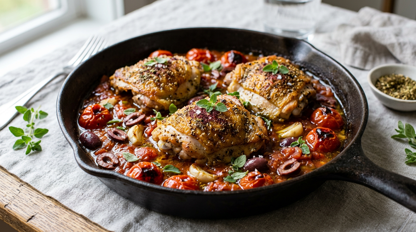 Crispy Za'atar Chicken Thighs with Charred Tomato and Olive Pan Sauce