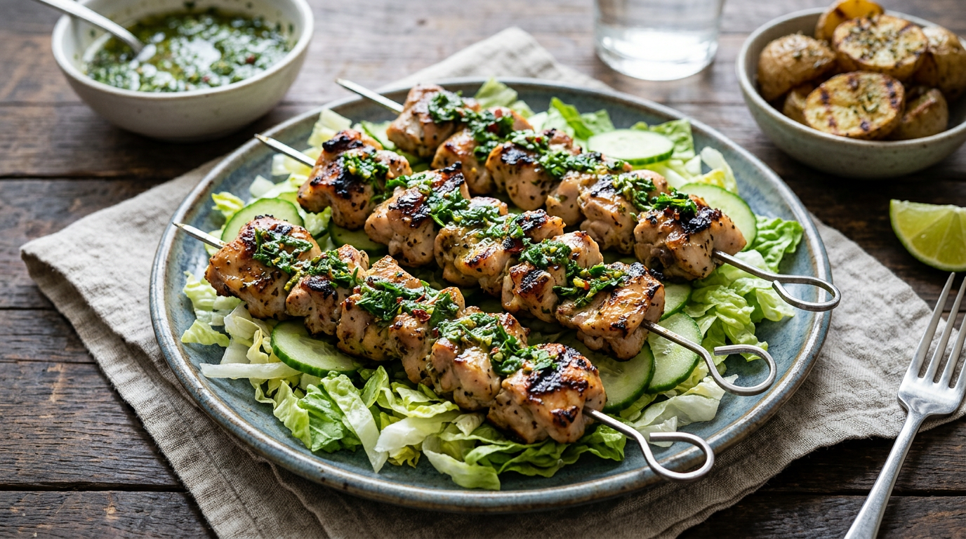 Garlic-Lemon Chicken Souvlaki Skewers with Herb Oil