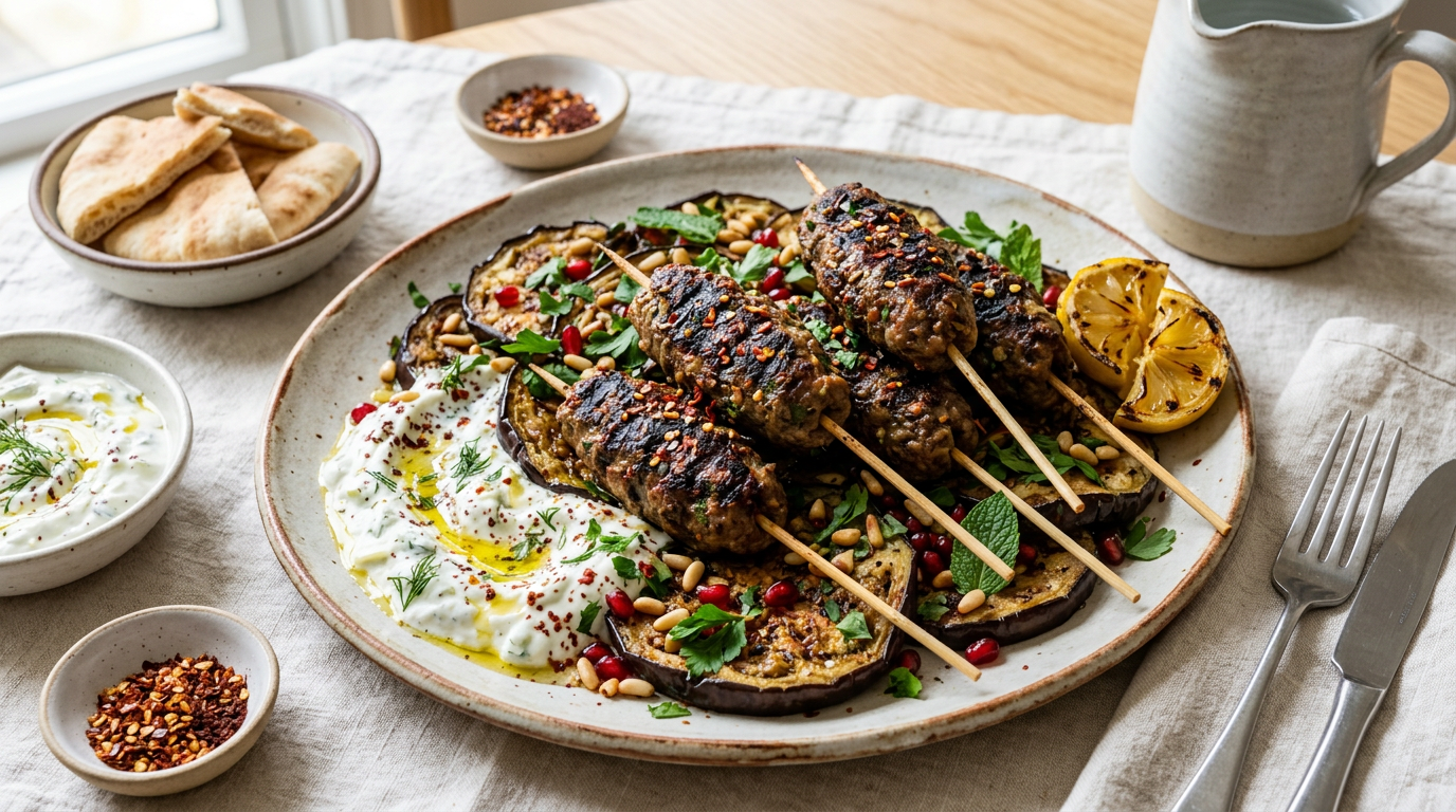 Crushed Red Pepper Lamb Kofta with Roasted Eggplant
