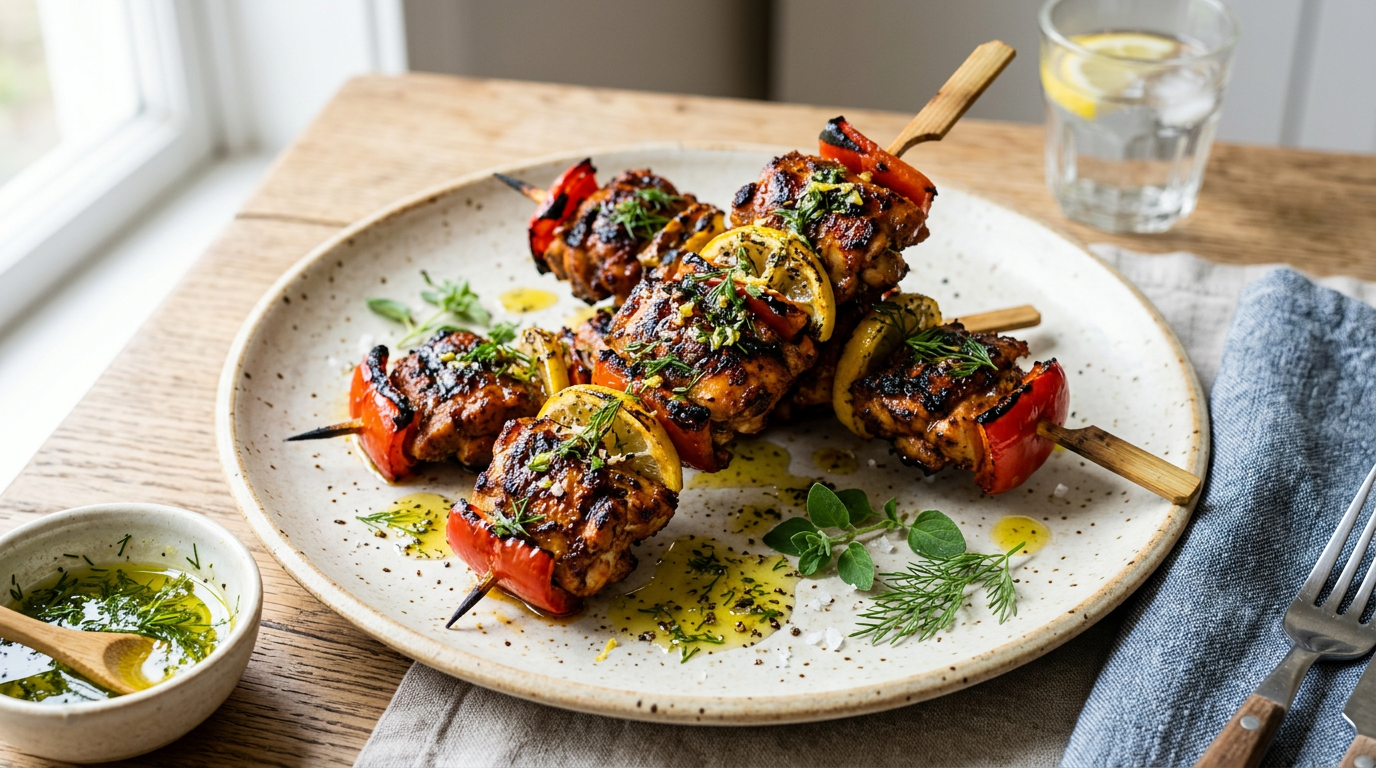 Cajun Spiced Chicken Skewers with Greek Lemon Oil