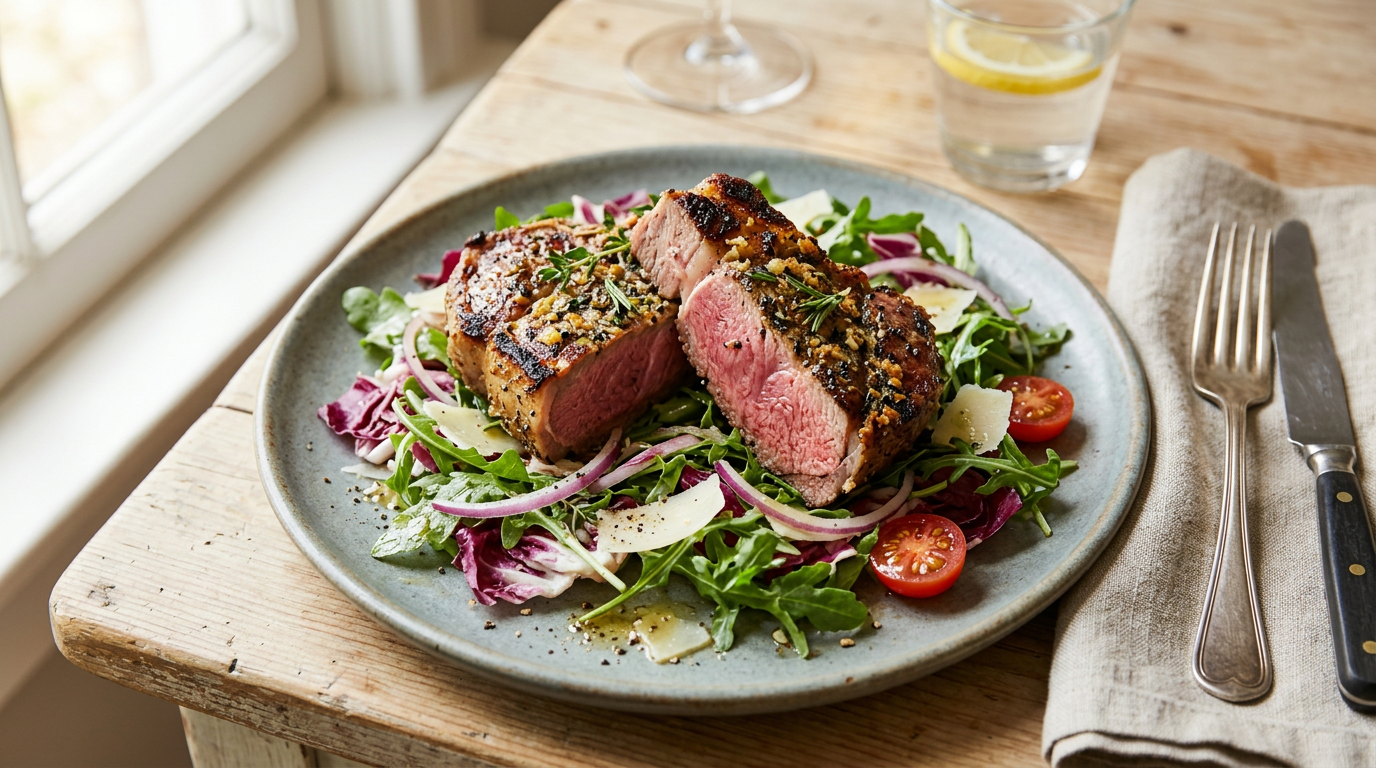 Garlic-Herb Crusted Lamb Chops with Arugula Salad