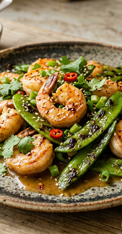 Garlic-Ginger Shrimp with Charred Snow Peas and Miso Butter Sauce