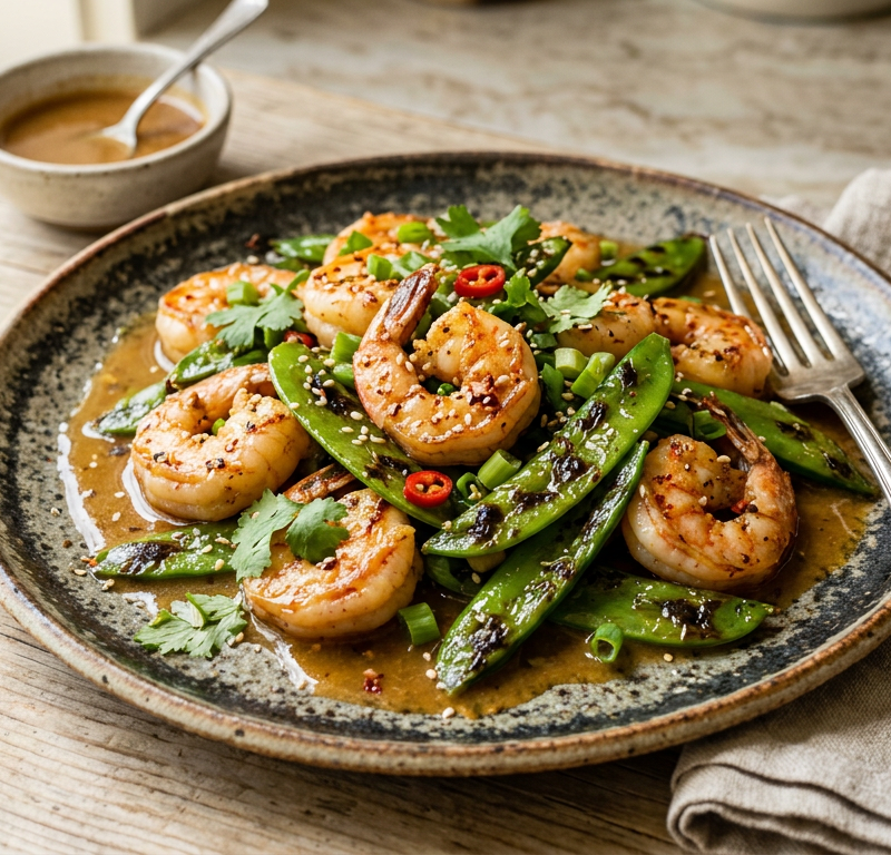 Garlic-Ginger Shrimp with Charred Snow Peas and Miso Butter Sauce