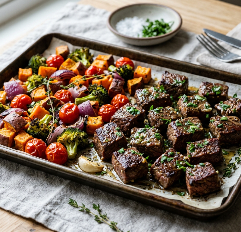 Garlic Butter Steak Bites & Roasted Veggies