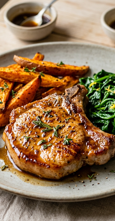 Maple-Glazed Pork Chops with Roasted Sweet Potato Wedges and Sautéed Spinach