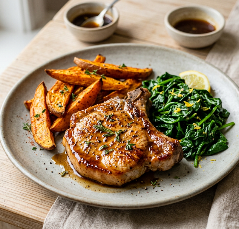 Maple-Glazed Pork Chops with Roasted Sweet Potato Wedges and Sautéed Spinach