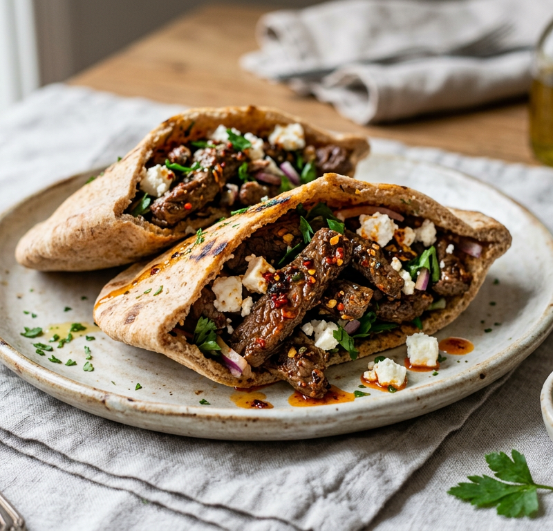 Spicy Garlic Beef and Feta Stuffed Pitas