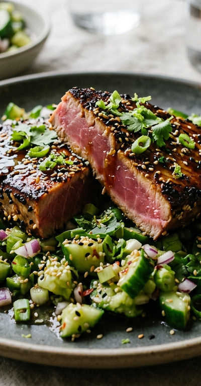 Soy-Ginger Seared Tuna with Sesame Cucumber Smash
