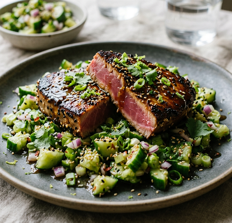 Soy-Ginger Seared Tuna with Sesame Cucumber Smash