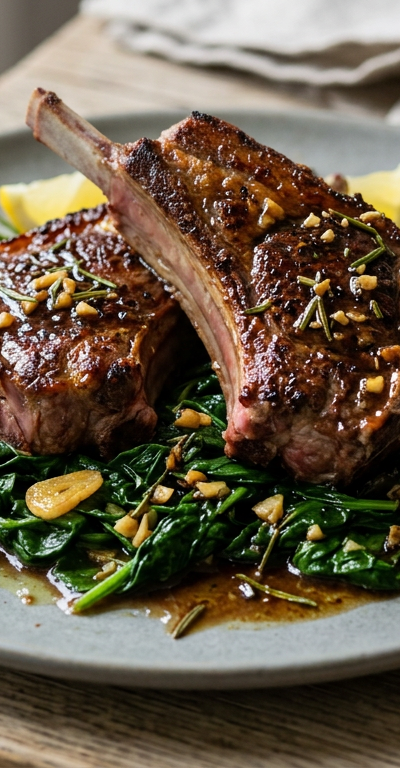 Seared Lamb Chops with Garlic-Rosemary Pan Sauce and Sautéed Spinach