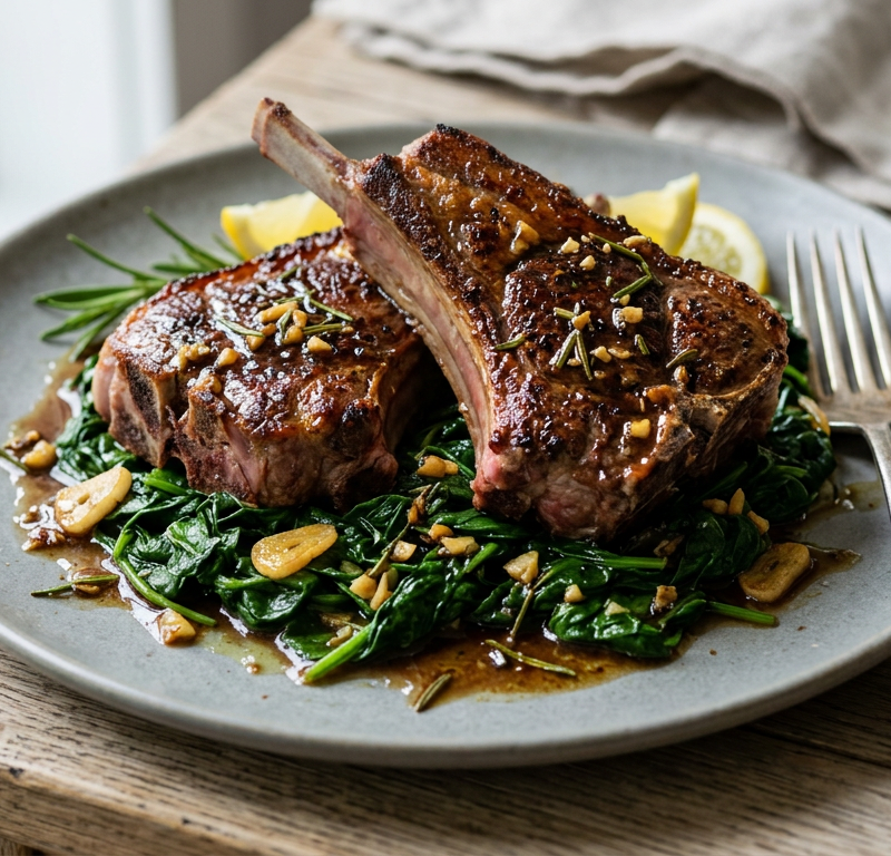 Seared Lamb Chops with Garlic-Rosemary Pan Sauce and Sautéed Spinach