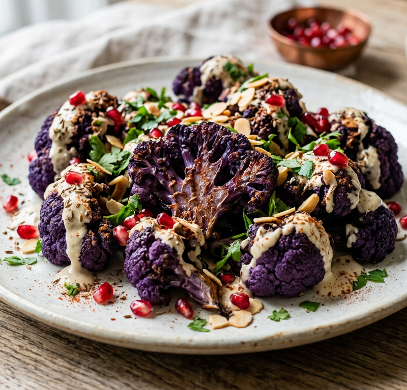 Roasted Purple Cauliflower with Tahini Drizzle