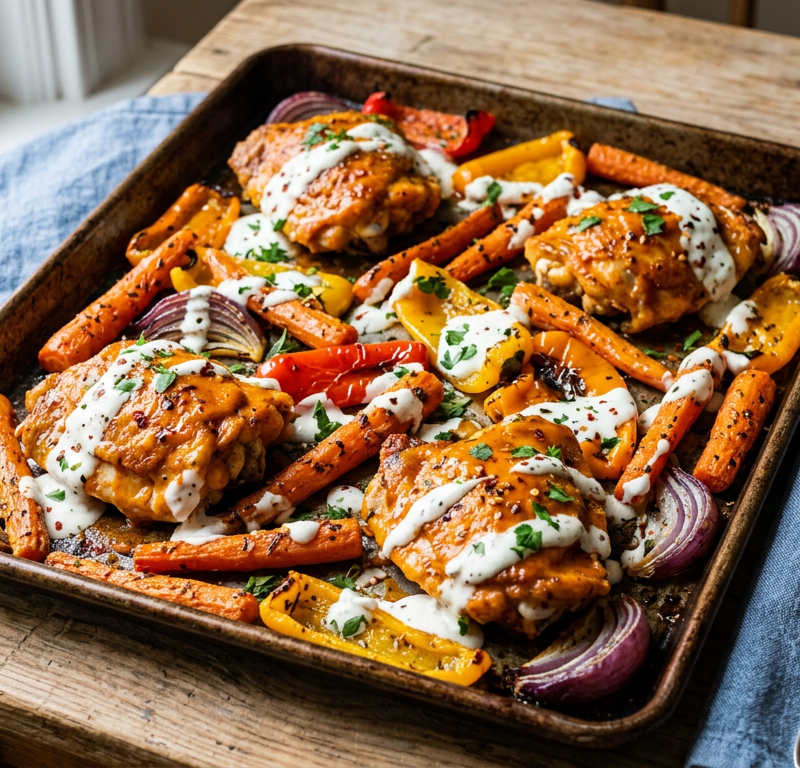 Sheet-Pan Buffalo Chicken with Roasted Vegetables