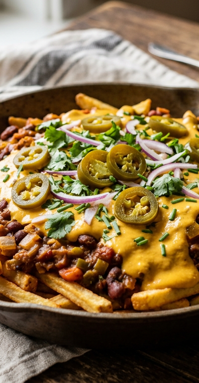 Loaded Vegan Chili Cheese Fries Skillet