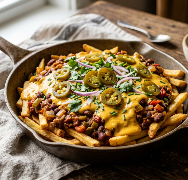 Loaded Vegan Chili Cheese Fries Skillet