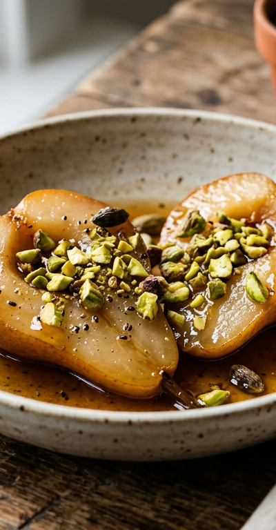 Cardamom Poached Pears with Pistachios