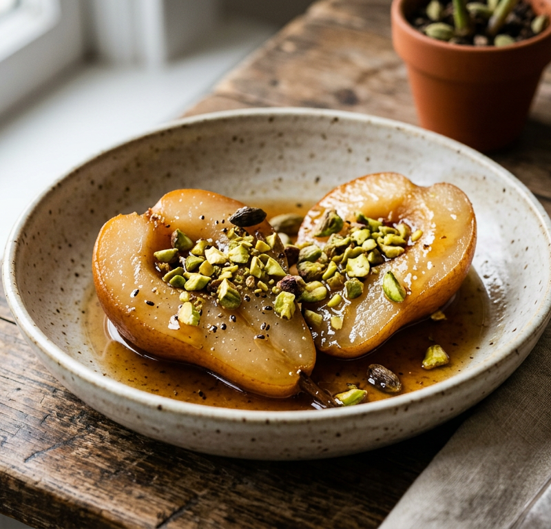 Cardamom Poached Pears with Pistachios