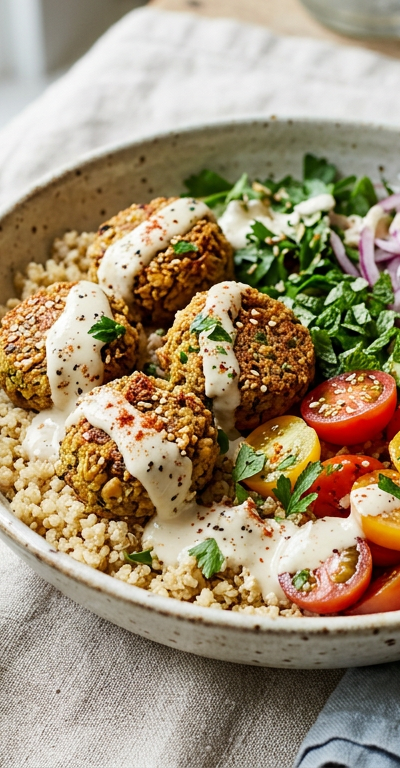 Mediterranean Quinoa Bowl with Falafel & Tahini Dressing