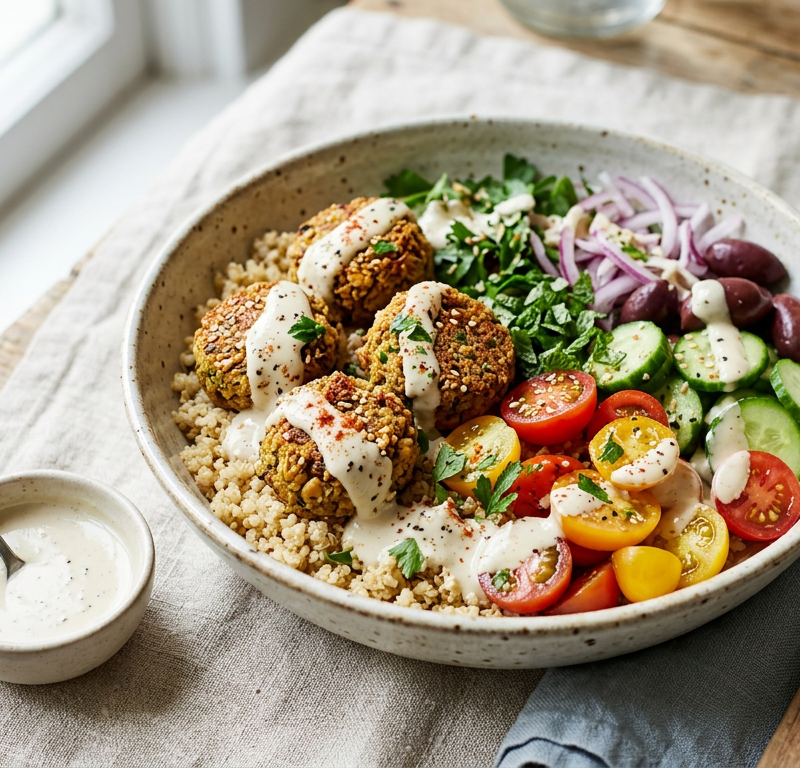 Mediterranean Quinoa Bowl with Falafel & Tahini Dressing