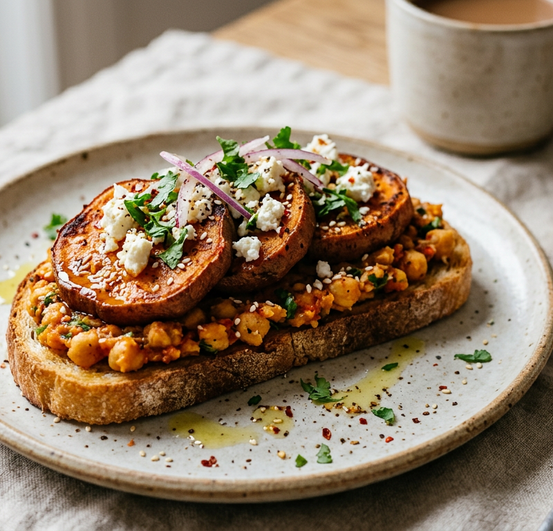 Harissa Sweet Potato Breakfast Toast with Chickpea Smash