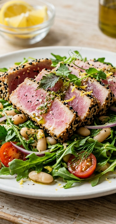 Seared Tuna with White Bean & Arugula Salad
