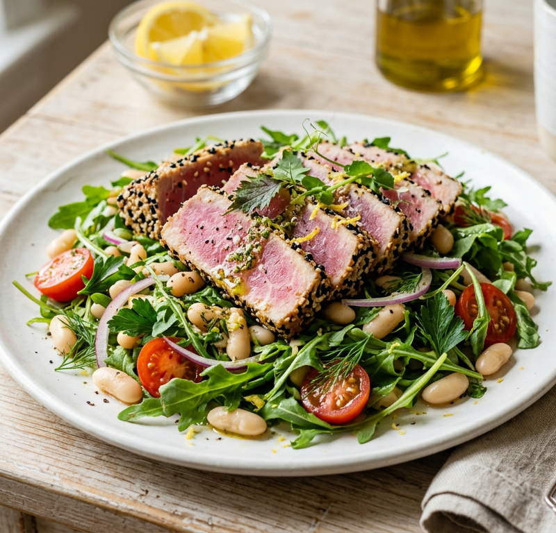 Seared Tuna with White Bean & Arugula Salad