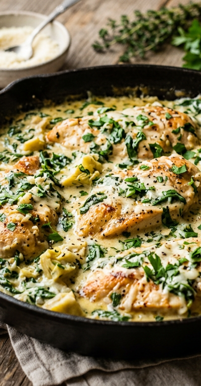 Creamy Spinach & Artichoke Chicken Skillet