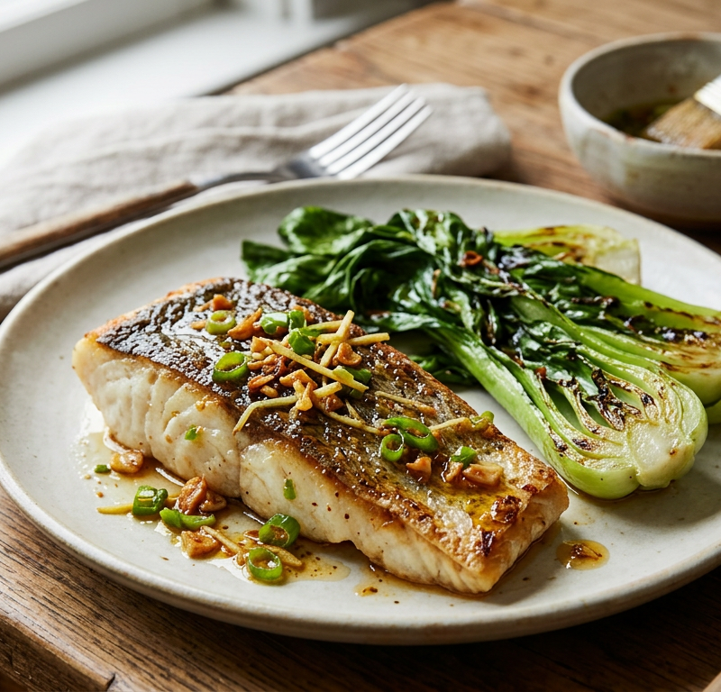 Garlic-Ginger Seared Cod with Charred Baby Pak Choi and Scallion Oil