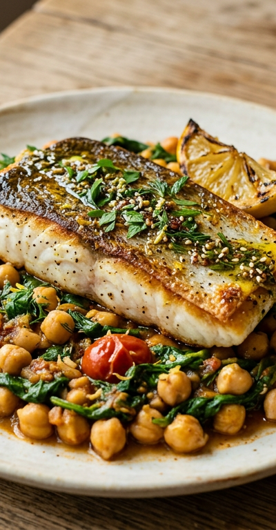 Seared Halibut with Warm Chickpea-Spinach Ragù