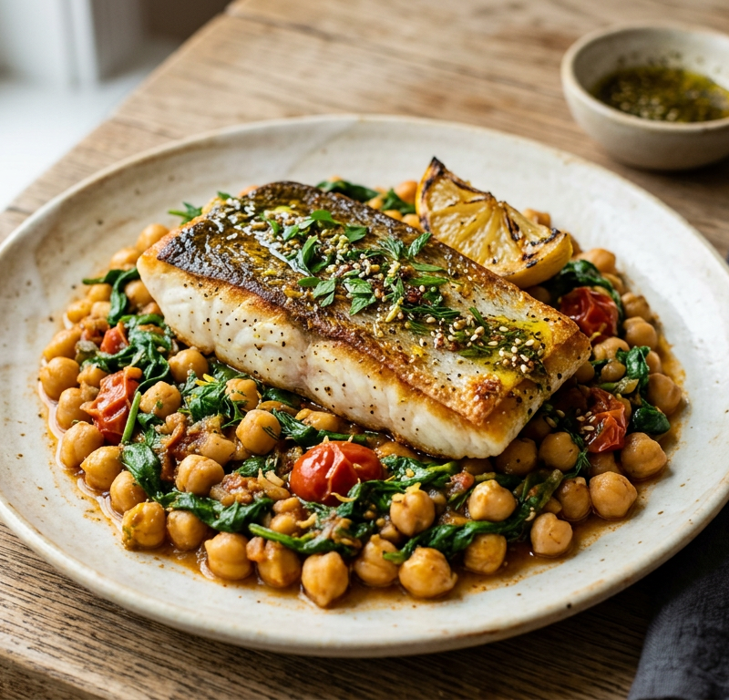 Seared Halibut with Warm Chickpea-Spinach Ragù