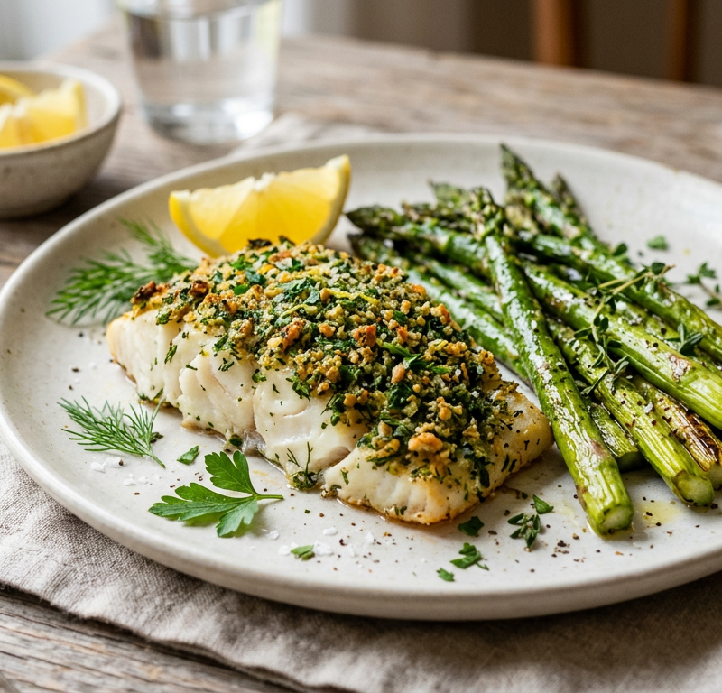 Herb-Crusted Cod with Roasted Asparagus