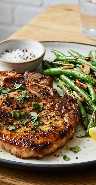 Lemon-Oregano Pork Chops with Blistered Green Beans