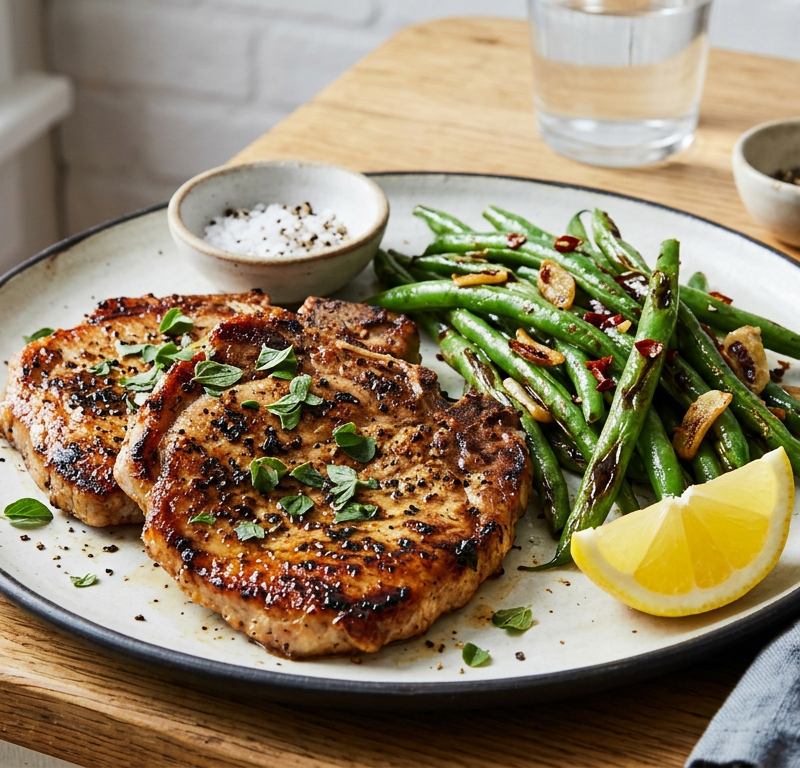 Lemon-Oregano Pork Chops with Blistered Green Beans