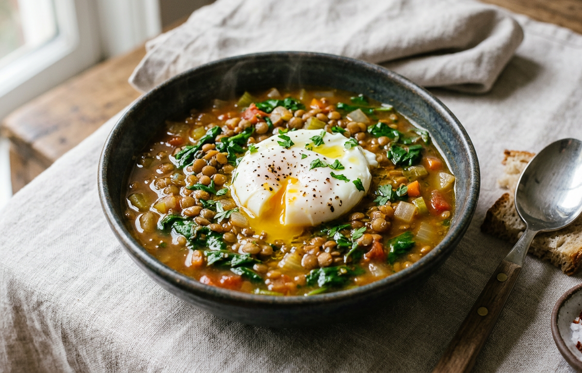 Mediterranean Lentil & Spinach Soup with Poached Egg