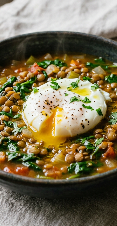 Mediterranean Lentil & Spinach Soup with Poached Egg