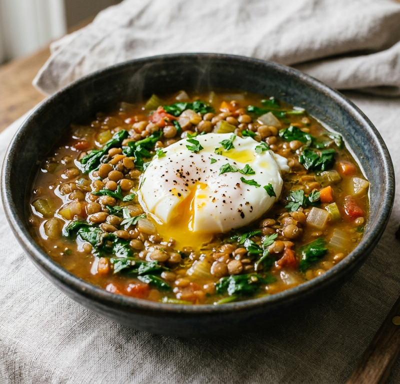 Mediterranean Lentil & Spinach Soup with Poached Egg