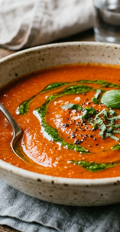 Roasted Red Pepper & Tomato Soup with Basil Oil