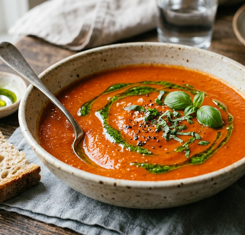 Roasted Red Pepper & Tomato Soup with Basil Oil