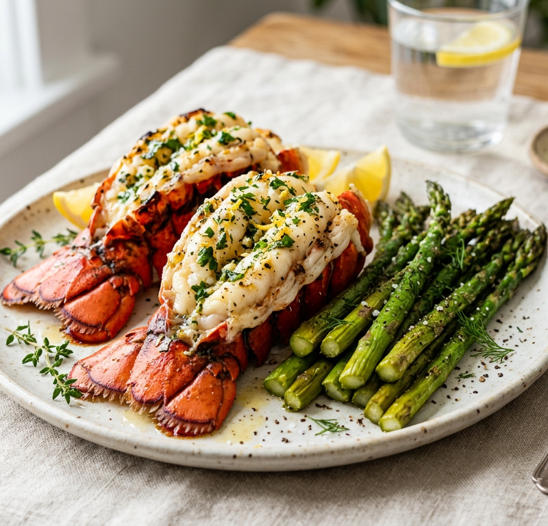 Garlic Butter Lobster Tail & Asparagus