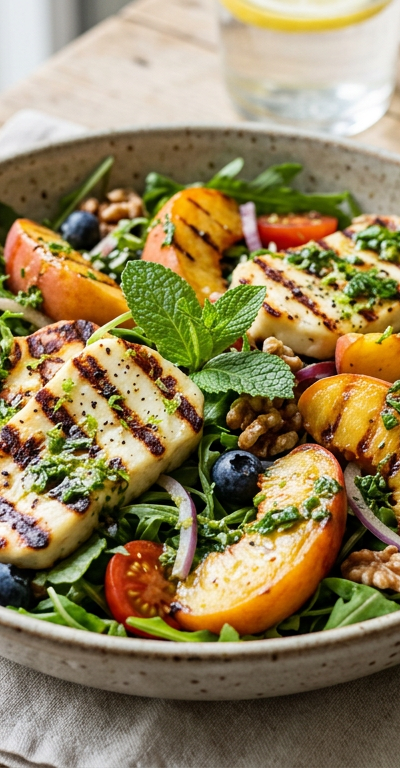Grilled Halloumi & Peach Salad with Mint Vinaigrette