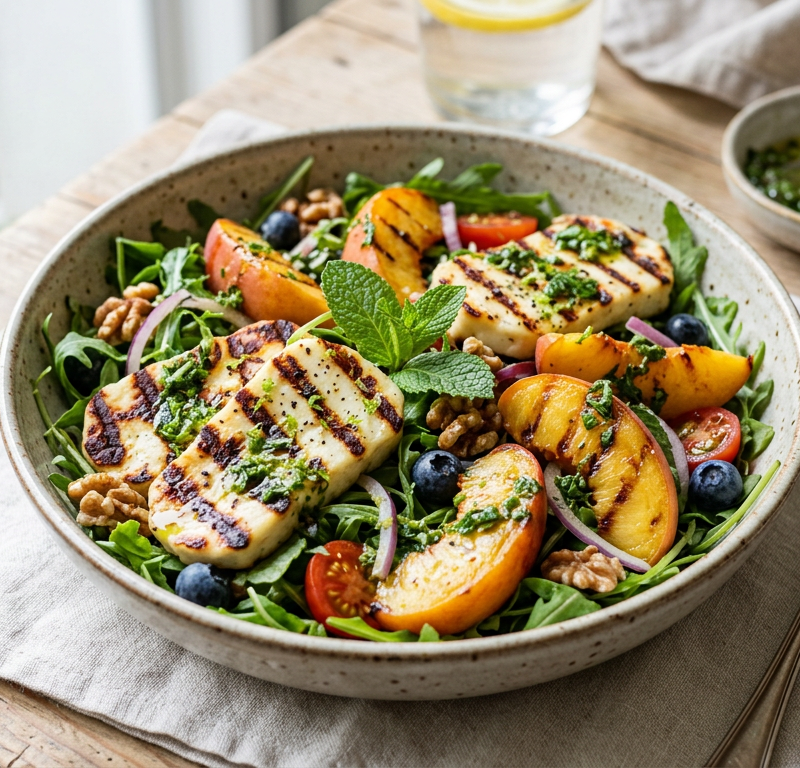 Grilled Halloumi & Peach Salad with Mint Vinaigrette