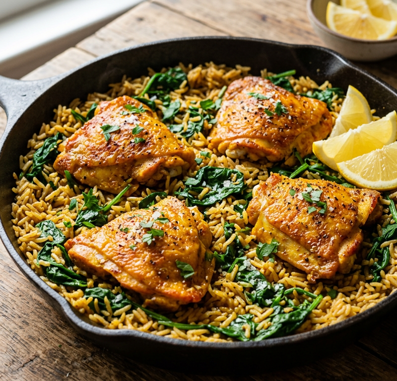 Turmeric-Paprika Chicken and Rice Skillet with Spinach