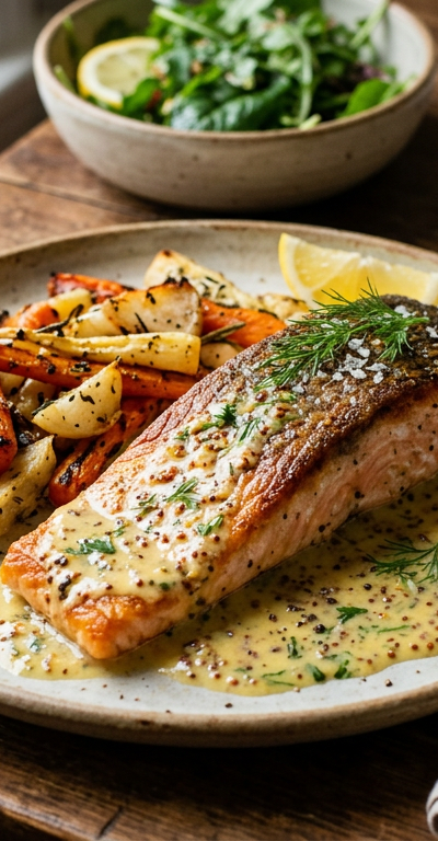 Pan-Seared Salmon with Mustard-Butter Sauce and Roasted Root Vegetables