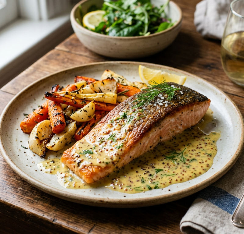 Pan-Seared Salmon with Mustard-Butter Sauce and Roasted Root Vegetables