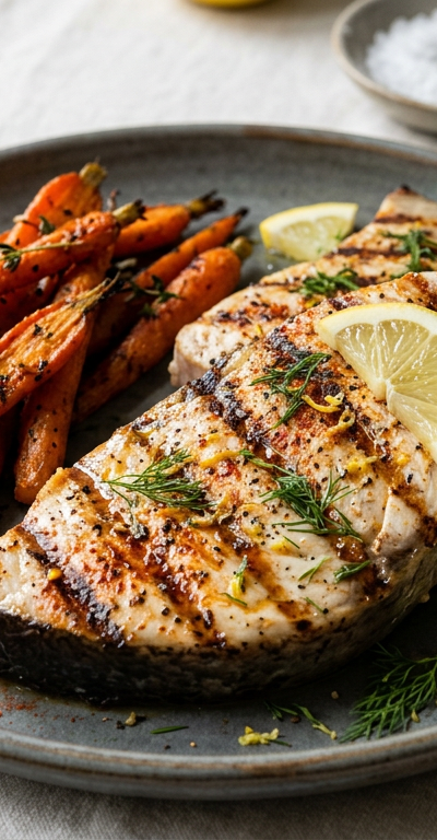 Grilled Lemon-Paprika Swordfish Steaks with Charred Carrots