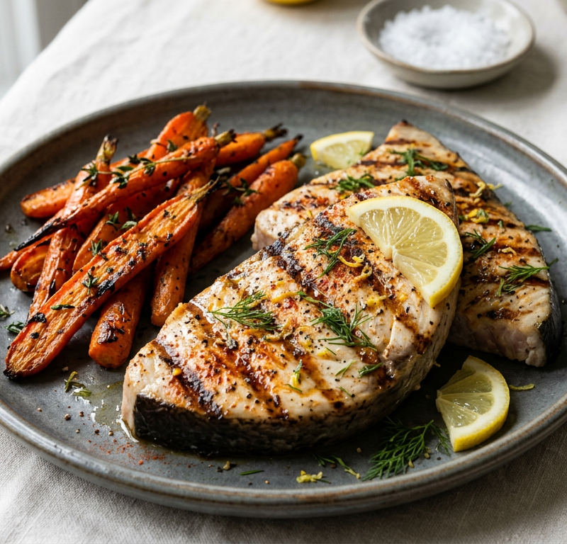 Grilled Lemon-Paprika Swordfish Steaks with Charred Carrots