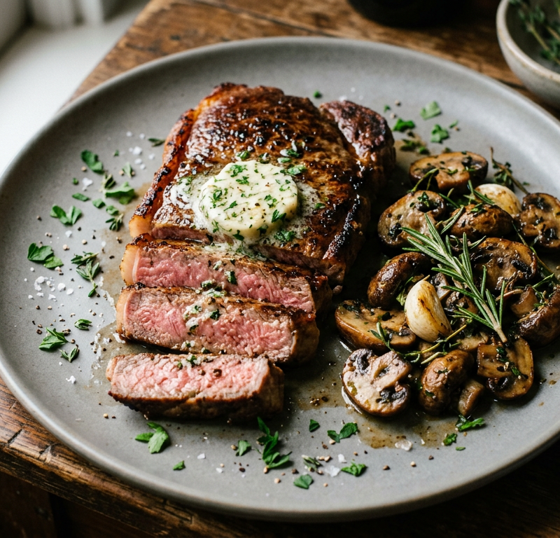 Pan-Seared Steak with Garlic Butter and Herb-Roasted Mushrooms