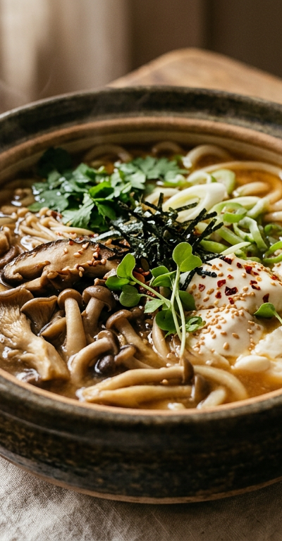 Miso Mushroom Udon Hotpot with Silken Tofu Clouds
